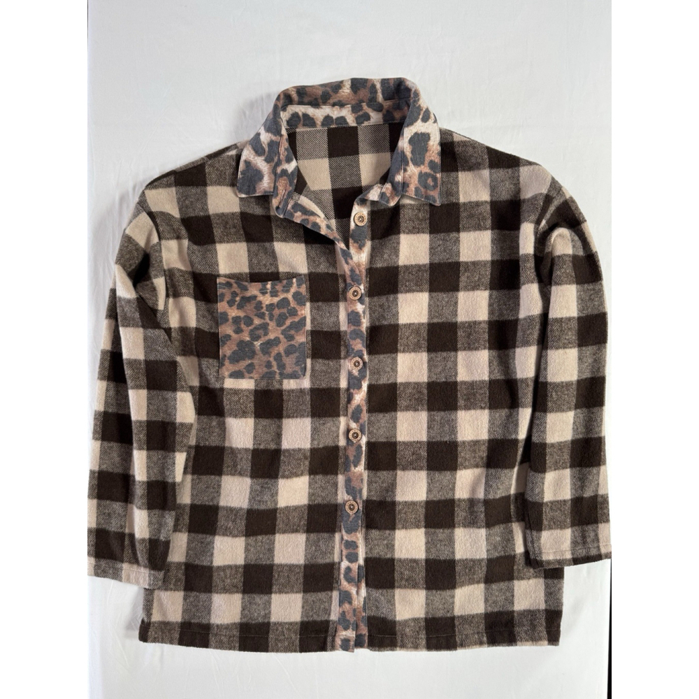 Plaid Flannel Shirt Leopard Trim Pocket Button Front Women’s Cozy Winter Top L